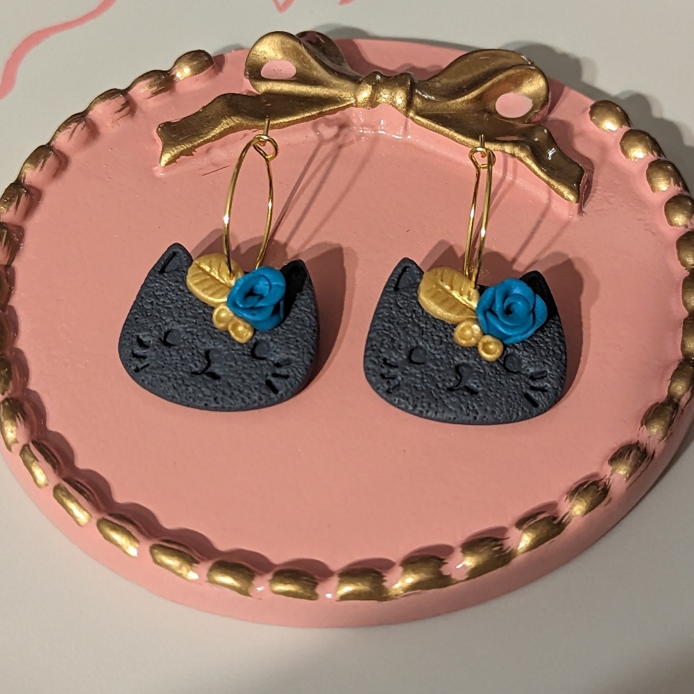 Black Cat & Flowers Dangle Hoop Earrings NEW!